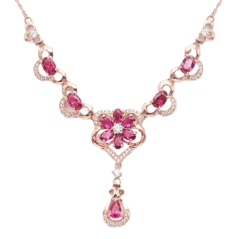 Romantic Luxury 585 Purple Gold Inlaid Ruby Elegant Flower Necklace 14K Rose GoldCrystal Luxury Pendant Dinner wedding Jewelry