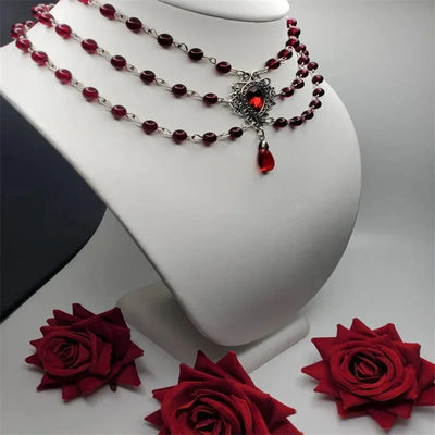 Oxidized Silver Filigree Garnet Three-Strand Choker Necklace