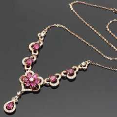 Romantic Luxury 585 Purple Gold Inlaid Ruby Elegant Flower Necklace 14K Rose GoldCrystal Luxury Pendant Dinner wedding Jewelry