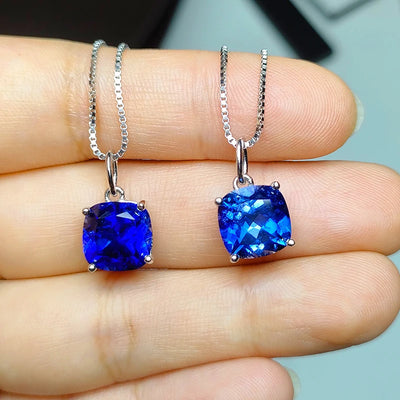 925 silver Fashion 9*9mm cushion  blue color Artificial sapphire with inclusions main stone Jewelry for Pendant Necklace