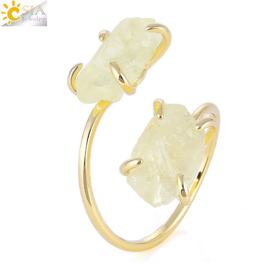 CSJA Irregular Crystal Open Ring Healing Natural Amethysts Citrine Double Gems Stone Claw Finger Rings Jewelry Accessories H584