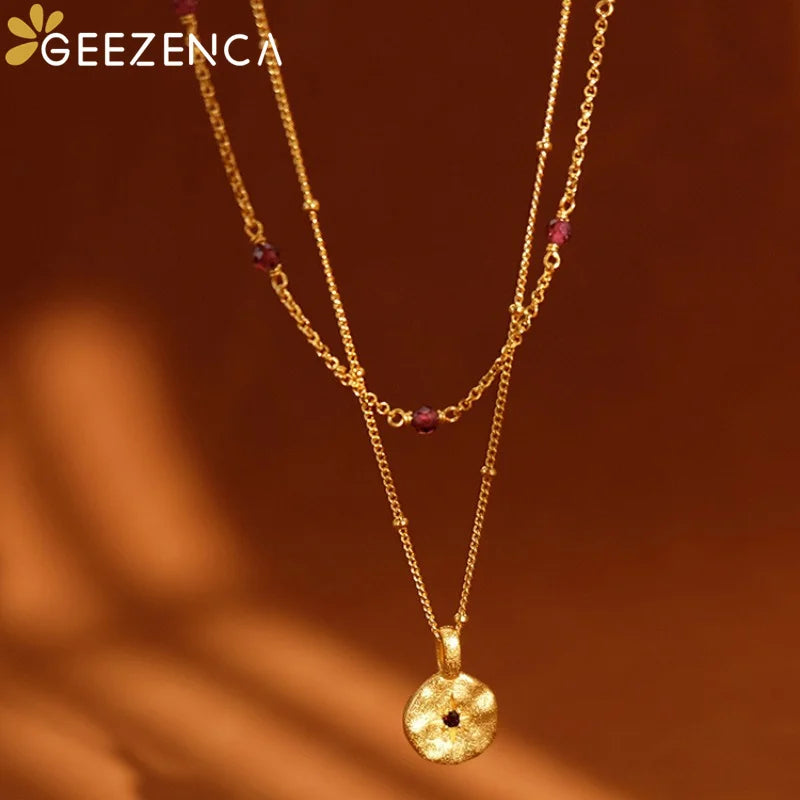 GEEZENCA S925 Silver Natural Garnet Spaced Beads Chain Necklace Red Stone Chic Layering Choker Necklaces For Stack 2024 New Gift
