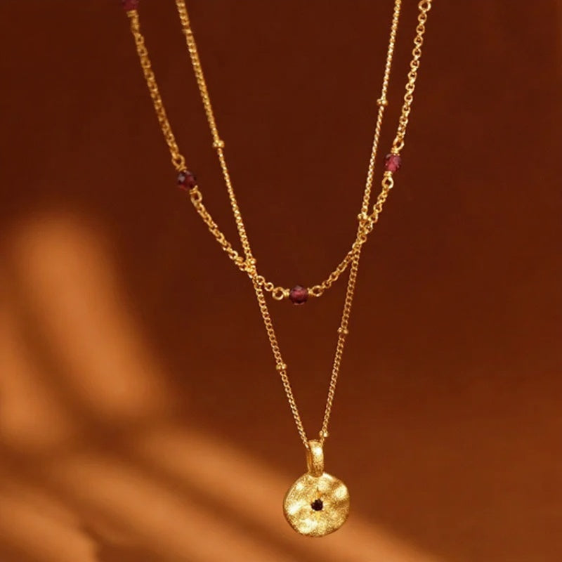 Minimalist Beaded Gold Chain Necklace with Garnet Accents