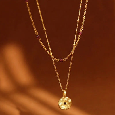 Minimalist Beaded Gold Chain Necklace with Garnet Accents