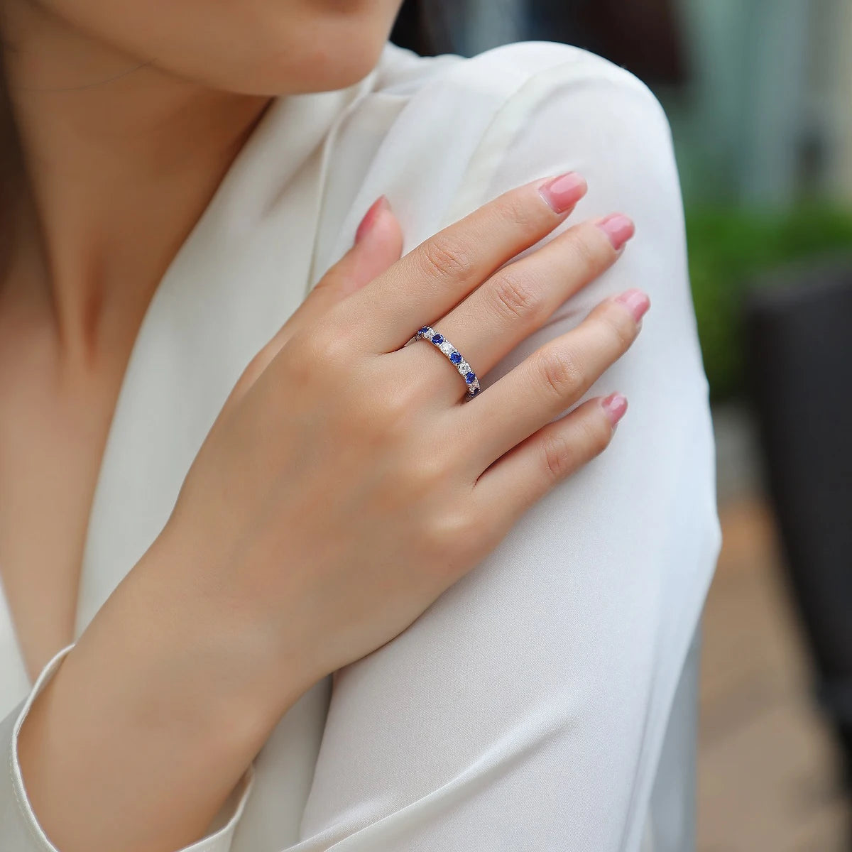 Elegant S925 Silver Ring with Alternating Moissanite & Blue Sapphires, 18K Gold Plated, Exquisite Design, Includes GRA Certifica