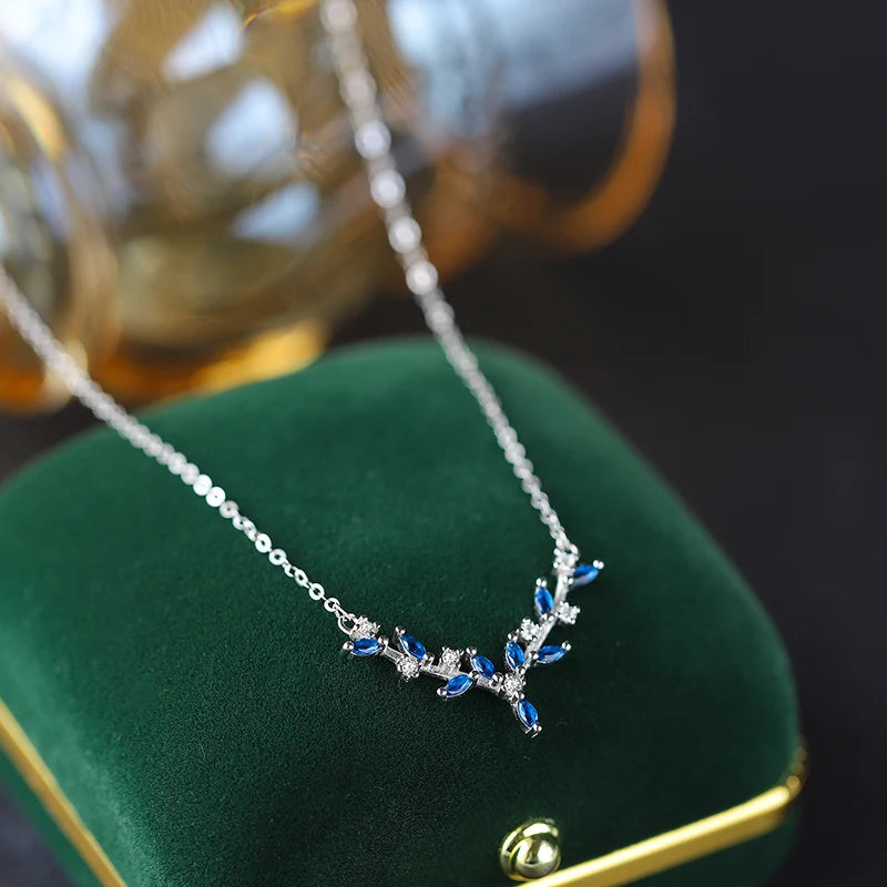 Classic Authentic S925 Silver Antler Elk Leaf Sapphire Geometric Pendant Necklace Jewelry for Women