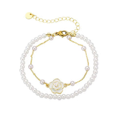 Vintage White Camellia Flower Bracelets For Women Elegant Double Layer Simulated Pearl Beads Chain Bracelet Jewelry 2025 Trend