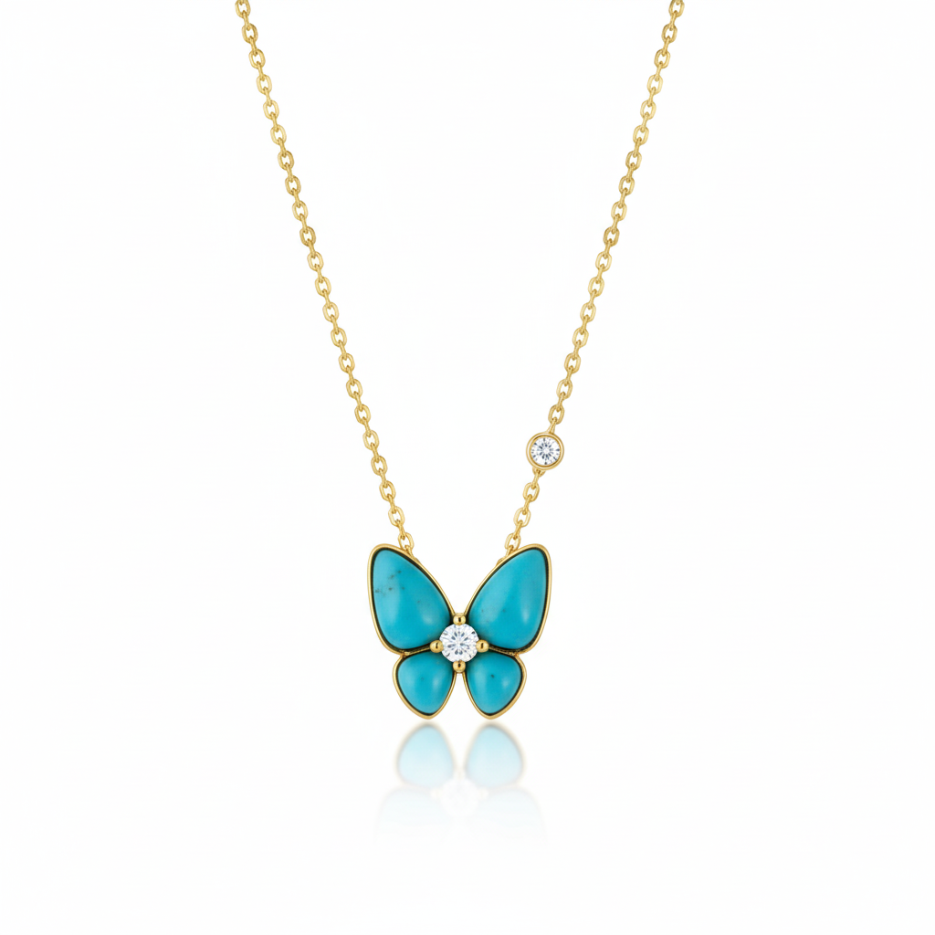 Fashion Butterfly Jewelry 18K Gold Plated 925 Silver Blue Stone Turquoise Charm Pendant Chain Necklace Jewelry Chokers Girl Gift