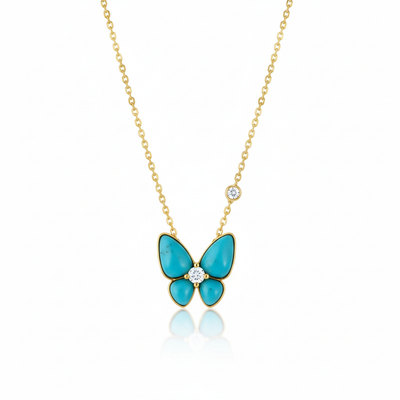 Fashion Butterfly Jewelry 18K Gold Plated 925 Silver Blue Stone Turquoise Charm Pendant Chain Necklace Jewelry Chokers Girl Gift