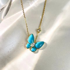Fashion Butterfly Jewelry 18K Gold Plated 925 Silver Blue Stone Turquoise Charm Pendant Chain Necklace Jewelry Chokers Girl Gift