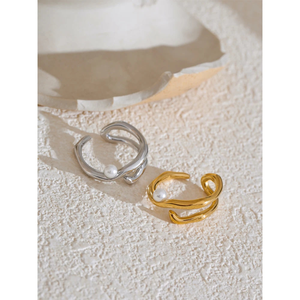 Yhpup Stylish Unique Stainless Steel Pearls Geometric Open Chic Ring for Women High Quality Jewelry Bijoux