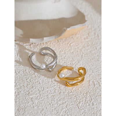 Yhpup Stylish Unique Stainless Steel Pearls Geometric Open Chic Ring for Women High Quality Jewelry Bijoux