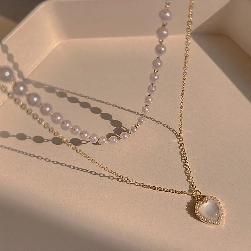 Love Heart Pendant Pearl Chain Necklace