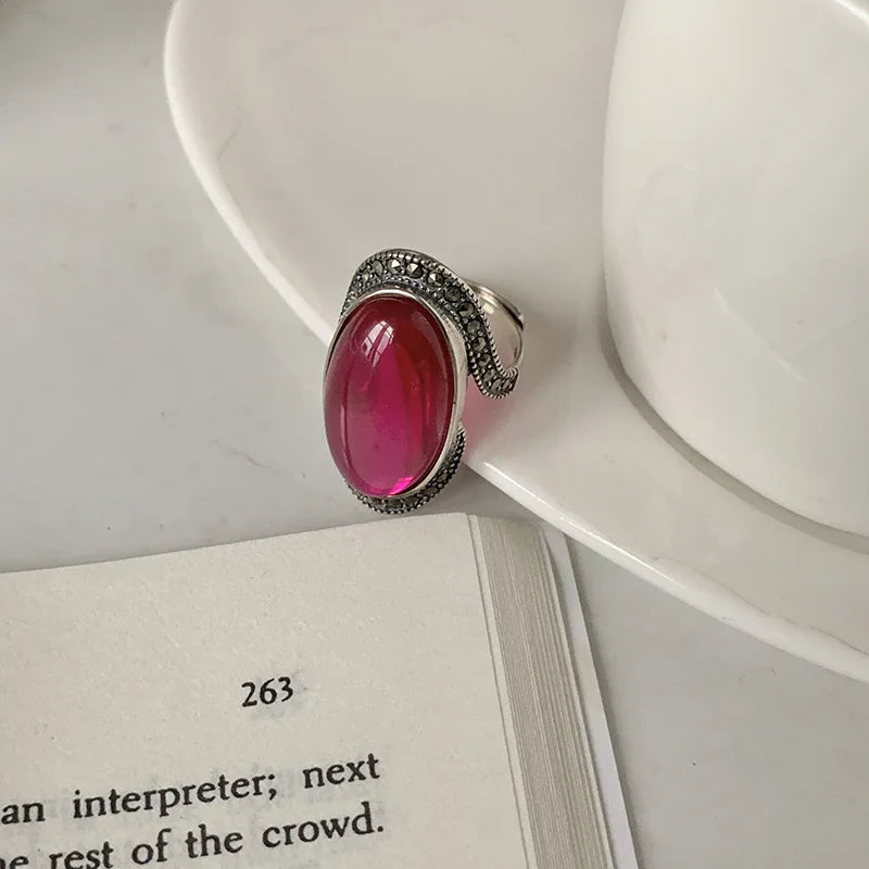 Personality Exaggeration Vintage Red Garnet Stone Thai Silver Ladies Engagement Rings Jewelry For Women Birthday Gifts No Fade