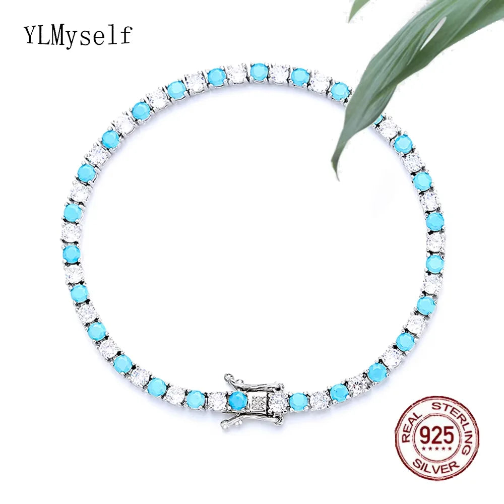 YLMyself 925 Silver Tennis Bracelet 3mm Turquoise Stone White Cubic Zircon Fine Jewelry Gift for Women
