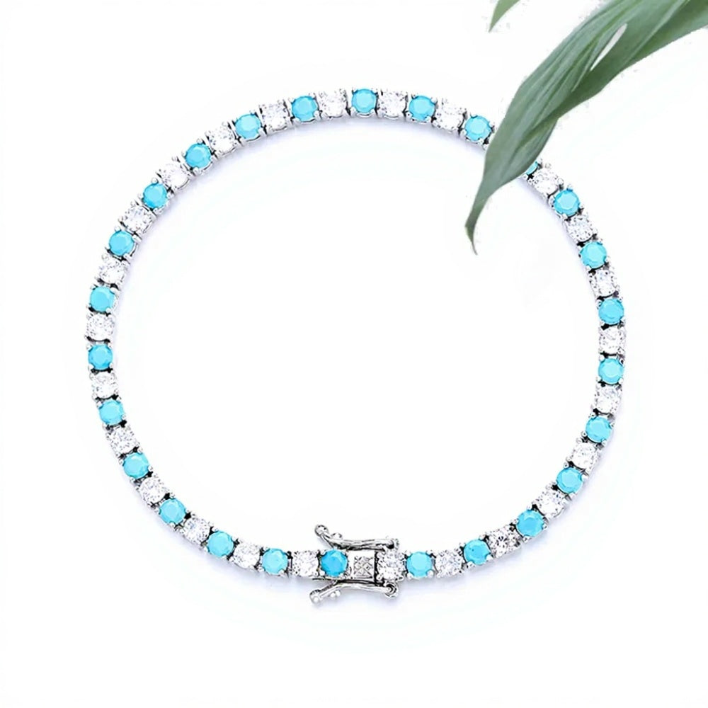 YLMyself 925 Silver Tennis Bracelet 3mm Turquoise Stone White Cubic Zircon Fine Jewelry Gift for Women