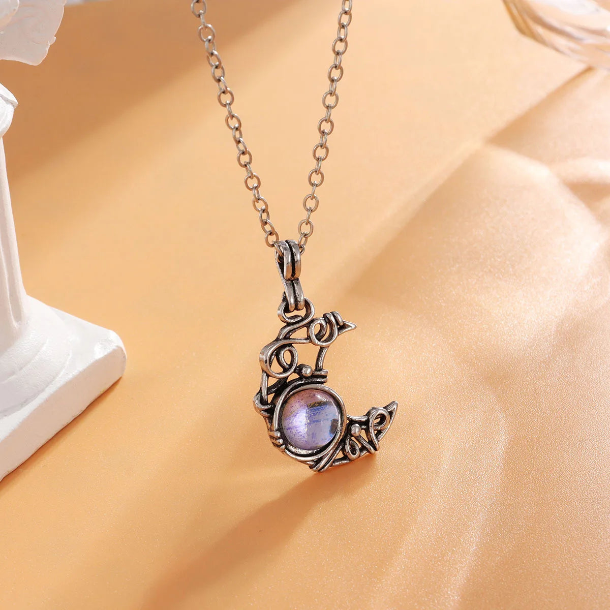 Black Cat Moonstone Pendant Necklace
