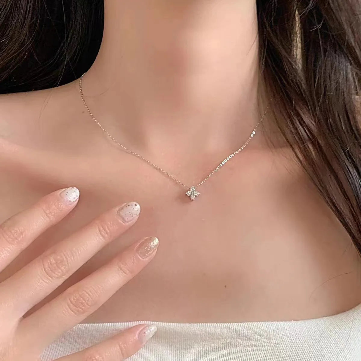 Sterling Silver Plated 18K Gold Set Zircon Necklace Female Sparkling Diamond Four Leaf Grass Versatile Collar Chain