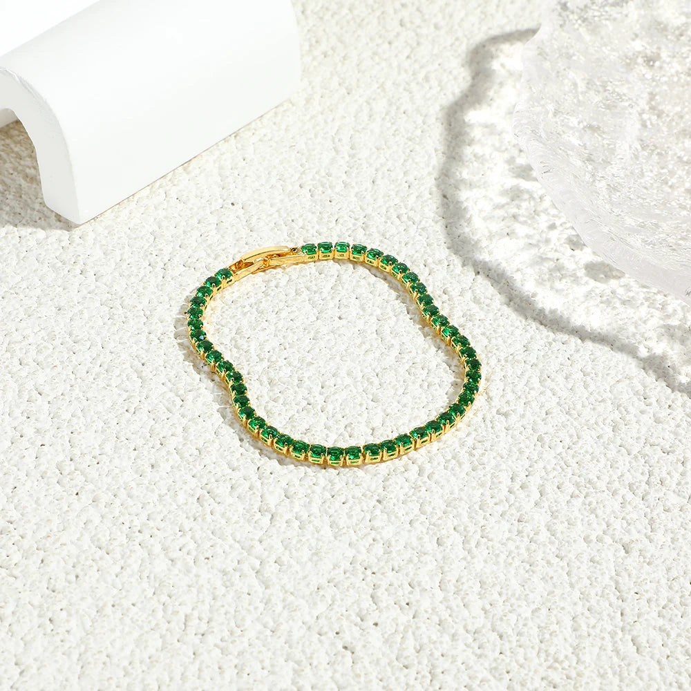 New Trendy Emerald Cubic Zirconia Jewelry 18K Gold Plated Charm Green CZ Crystal Tennis Female Bracelets Bangles for Women Gift