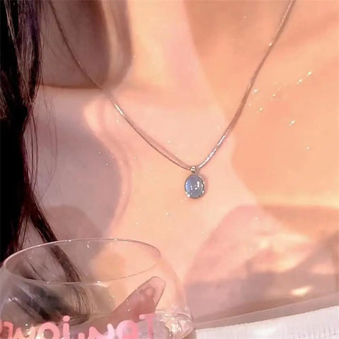 Oval Aquamarine Pendant Necklace with Snake Chain