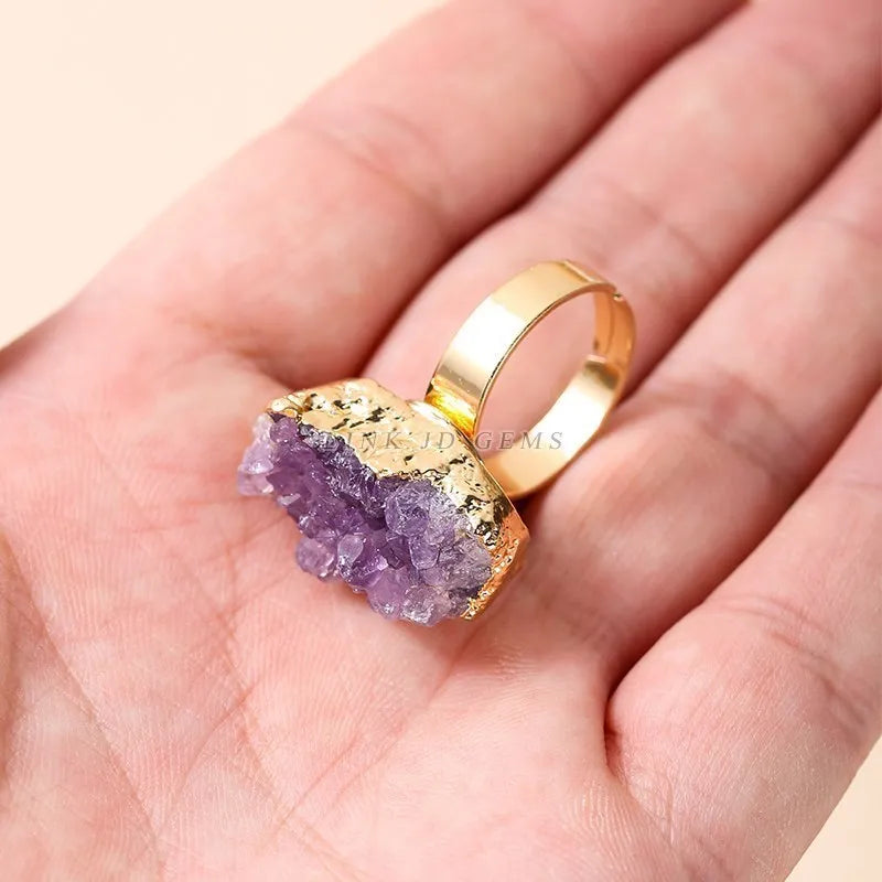 Change Better Irregular Natural Amethyst Cluster Rough Stone Gold Plated Open Rings Women Reiki Healing Personality Jewelry Gift