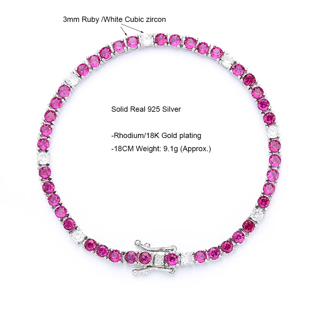 Solid Real 925 Silver Tennis Bracelet 3MM Ruby Fuchsia Pink Mix White Cubic Zircon 15-21 CM Chain Fine Jewelry For Women