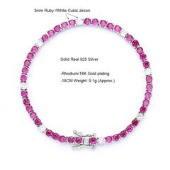 Solid Real 925 Silver Tennis Bracelet 3MM Ruby Fuchsia Pink Mix White Cubic Zircon 15-21 CM Chain Fine Jewelry For Women