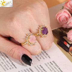 Sun Ring for Women Energy Natural Stone Amethysts Pink Quartz Bead Luxury Gold Color Finger Rings Jewelry H538