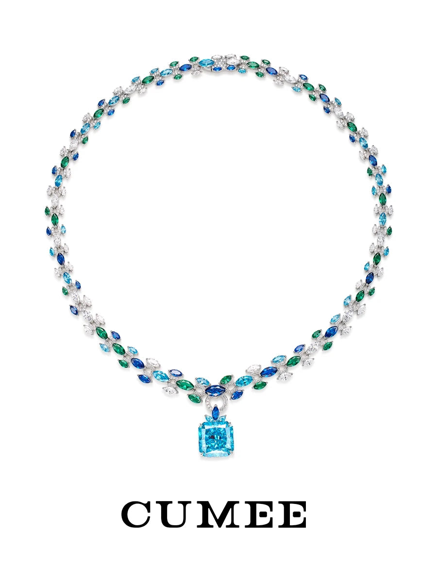 CUMEE New Fashion Original Blue Super Aquamarine Necklace for Women  925 Silver Plated Gold Engagement