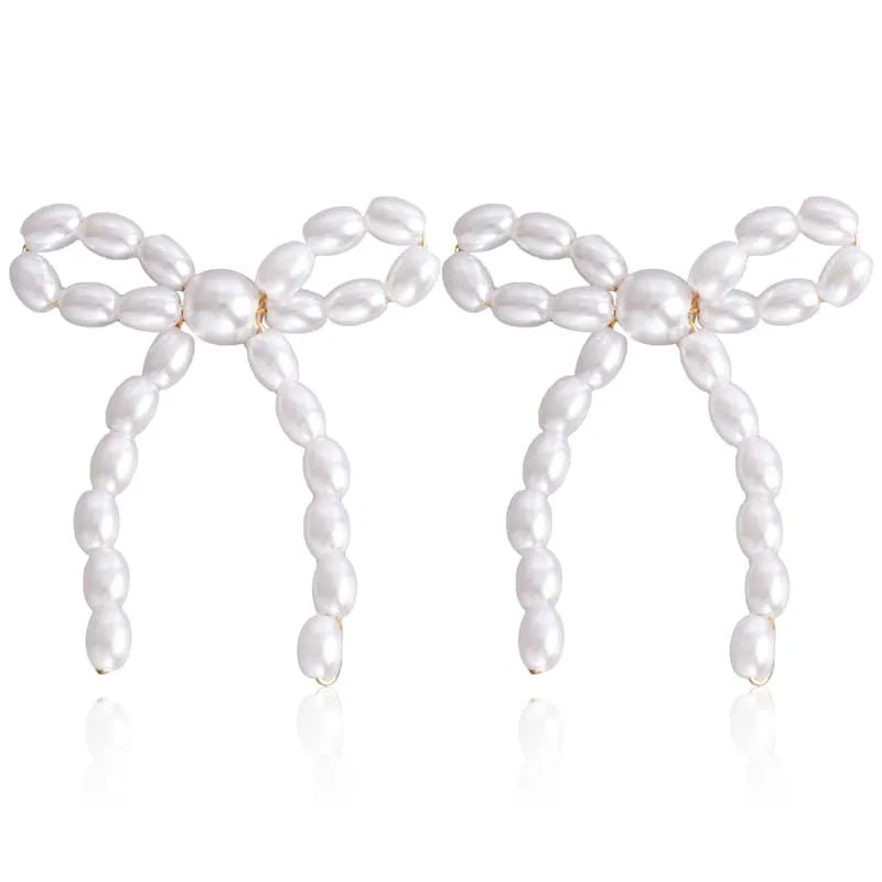 Vintage White Imitation Pearl Bowknot Stud Earrings for Women Elegant Handmade Woven Beaded Statement Earrings  Jewelry 2024
