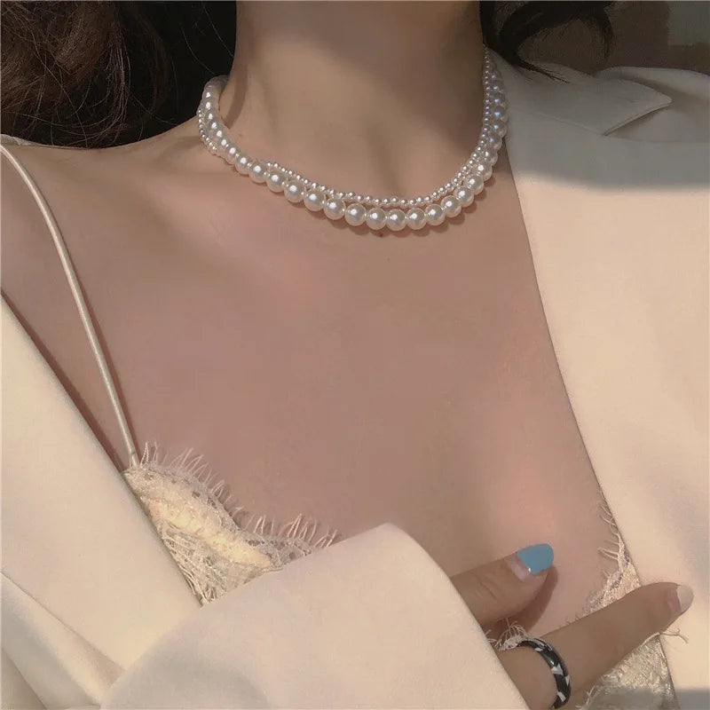 Simple Stacked Retro Imitation Emerald Green Pearl Multi-layer Necklace For Women Fashionable Jewelry Accessories Birthday Gifts
