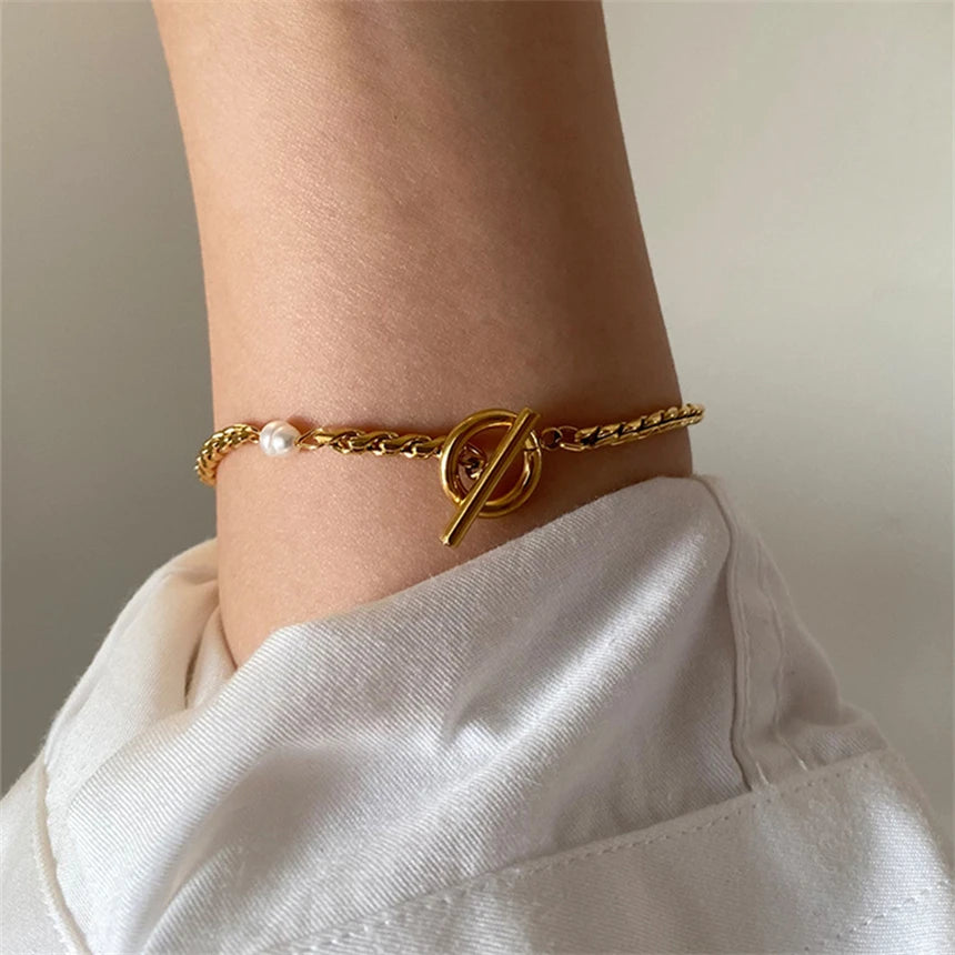 316L Stainless Steel Simplicity Vintage Irregular Shaped Imitate Pearl OT Buckle Chain Bracelets For Women Fashion Jewelry Gift
