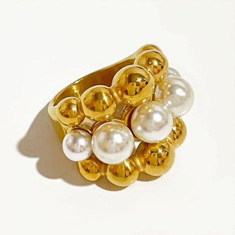 Stainless Steel Chunky Gold Plated Ball Faux Pearl Ring