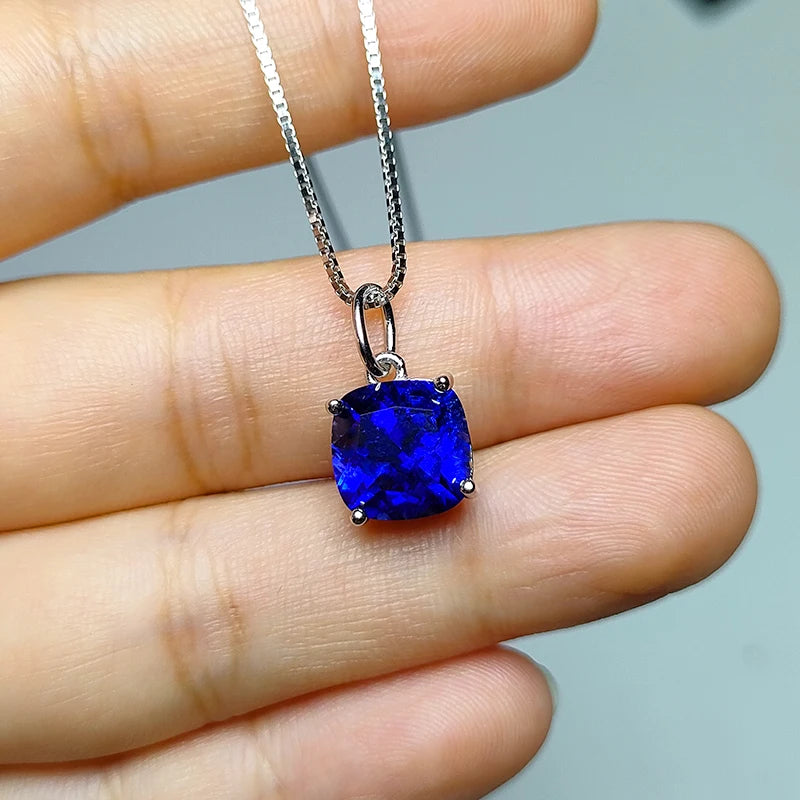 925 silver Fashion 9*9mm cushion  blue color Artificial sapphire with inclusions main stone Jewelry for Pendant Necklace