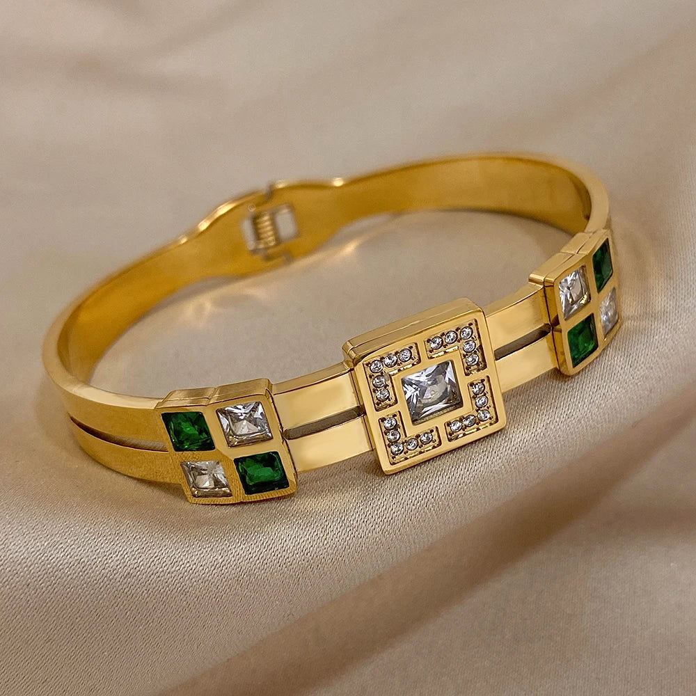 Royal Emerald Green & White Stainless Steel Bangle Cuff Bracelet
