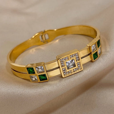 Royal Emerald Green & White Stainless Steel Bangle Cuff Bracelet