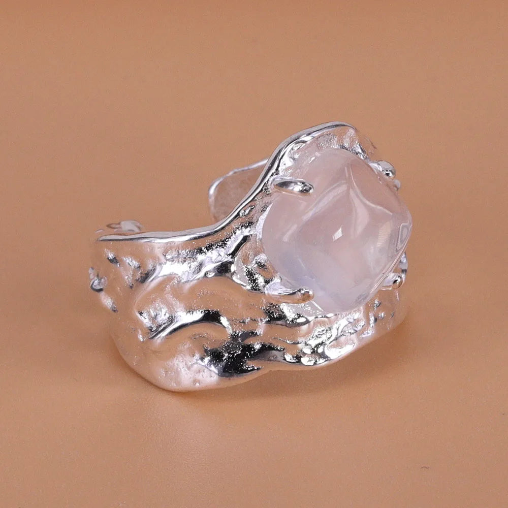 PANJBJ 925 Sterling Silve Moonstone Irregular Ring for Women Party Gift Adjustabler Personality Korean Dropshipping