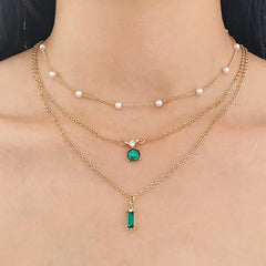 Simple Stacked Retro Imitation Emerald Green Pearl Multi-layer Necklace For Women Fashionable Jewelry Accessories Birthday Gifts