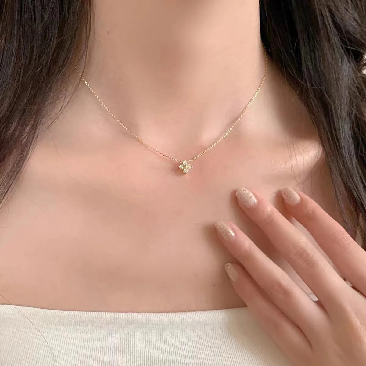 Sterling Silver Plated 18K Gold Set Zircon Necklace Female Sparkling Diamond Four Leaf Grass Versatile Collar Chain