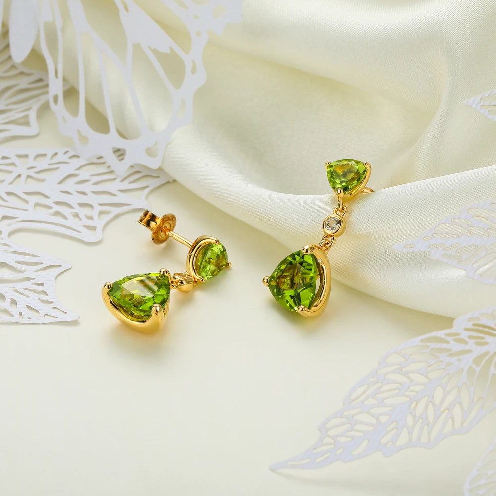 GZ ZONGFA Genuine 925 Sterling Silve Natural Peridot Drop Earrings for Women Triangle 7ct Gem 14K Gold Plated Fine Jewelry