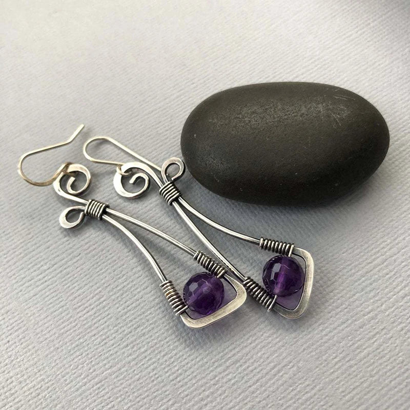 Artisan Wire-Wrapped Amethyst Boho Hippie Design Earrings