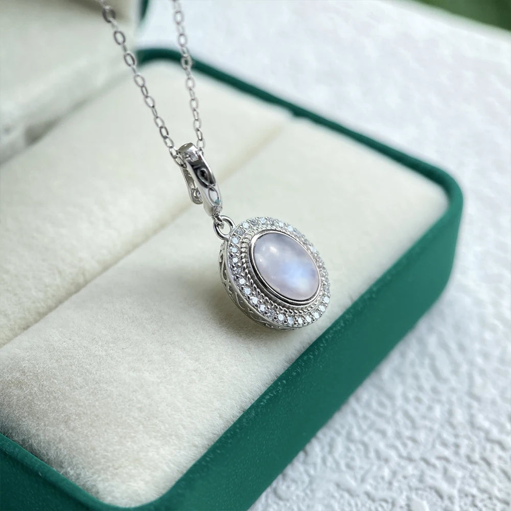 925 Sterling Silver Natural Moonstone Pendants Oval 10*14MM Skeleton Simple Design Necklace With Crystal For Women Men