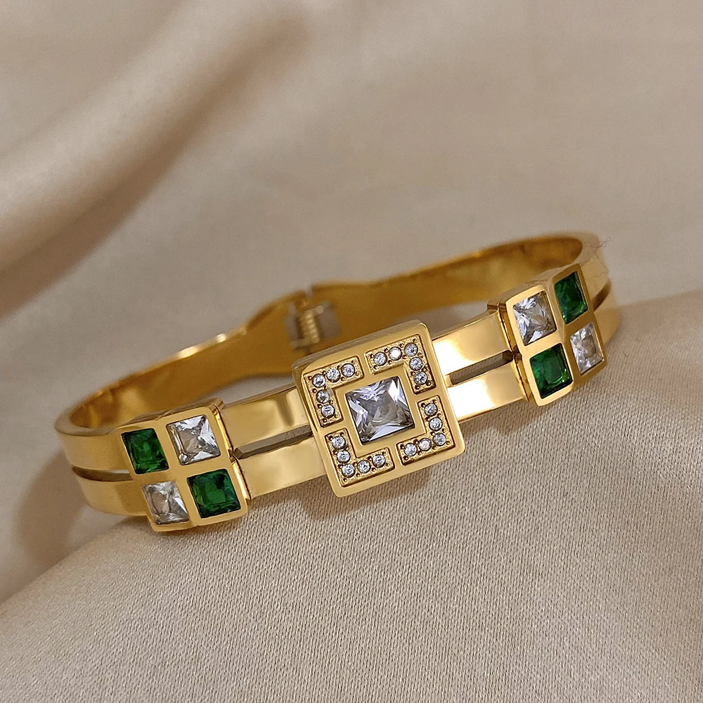 Royal Emerald Green & White Stainless Steel Bangle Cuff Bracelet