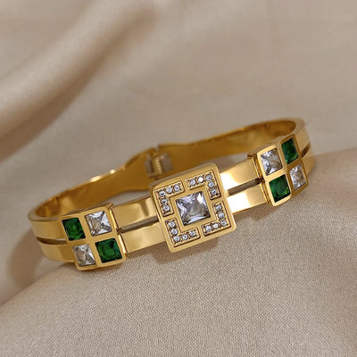 Royal Emerald Green & White Stainless Steel Bangle Cuff Bracelet