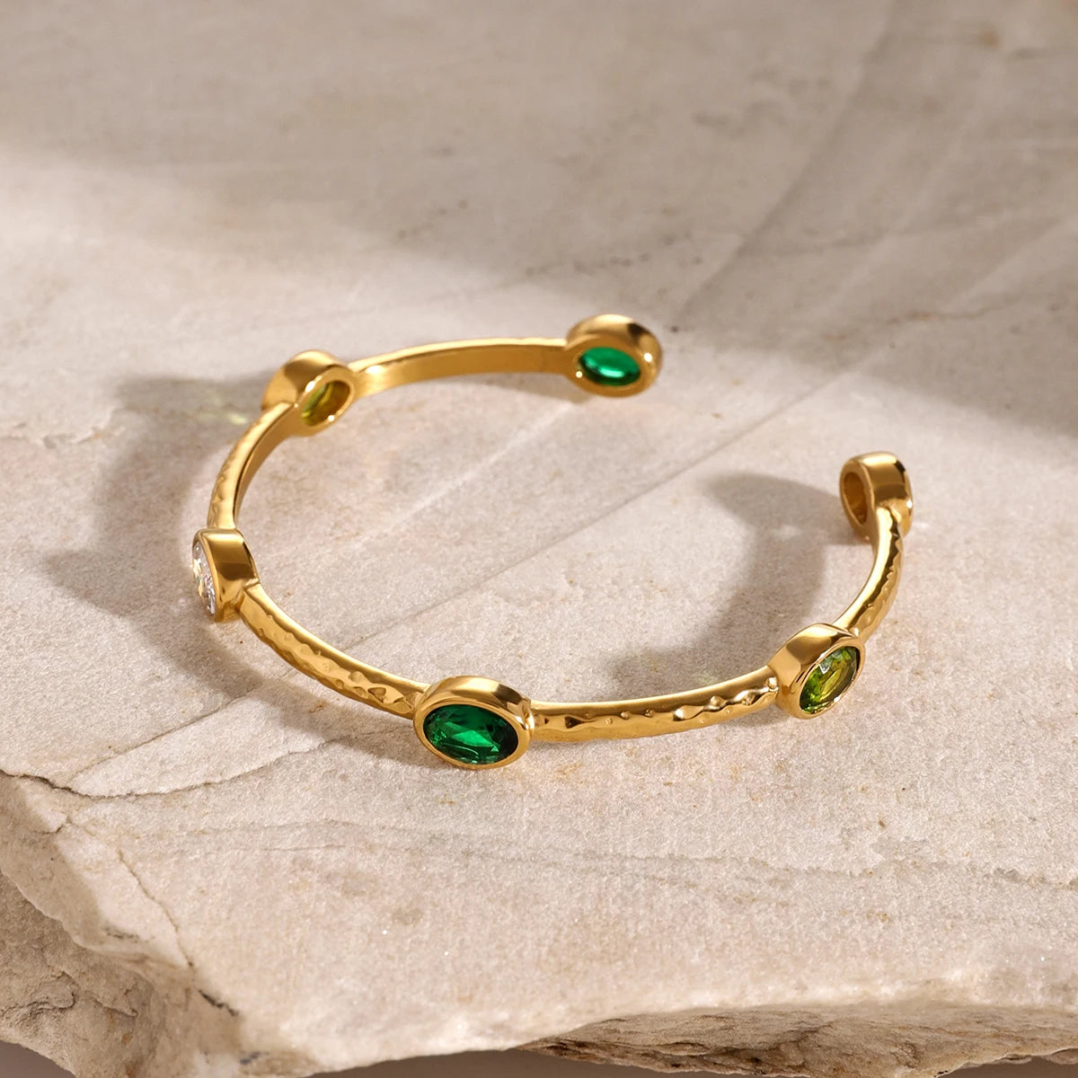 Stainless Steel Golden Hammered Emerald Olive Green Bracelets