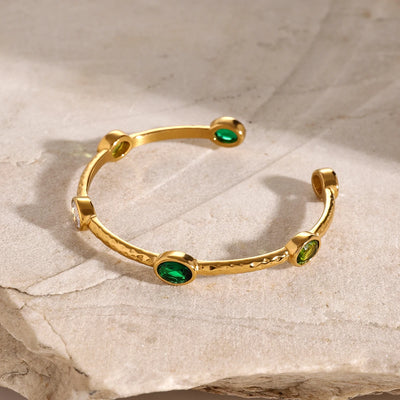 Stainless Steel Golden Hammered Emerald Olive Green Bracelets