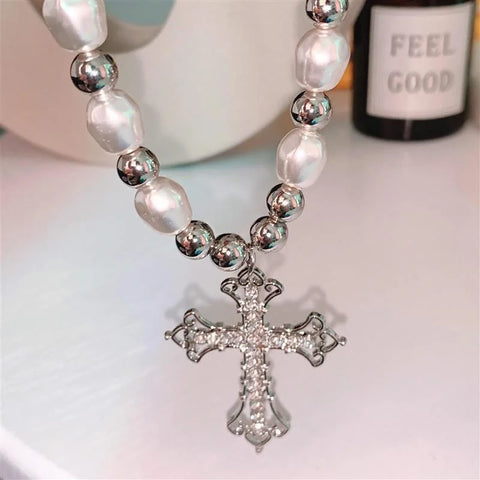 Elegant Pearl Cross Necklace