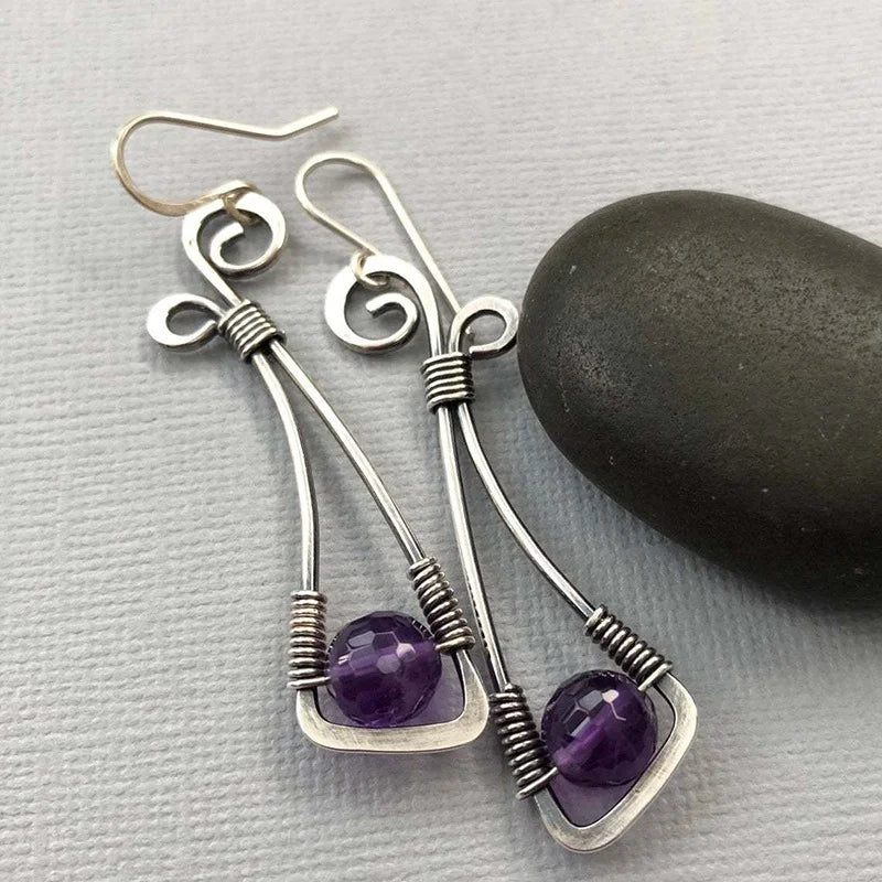 Artisan Wire-Wrapped Amethyst Boho Hippie Design Earrings