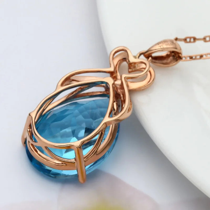 14K Rose Gold 3 Carats Blue Sapphire Pendant Necklace