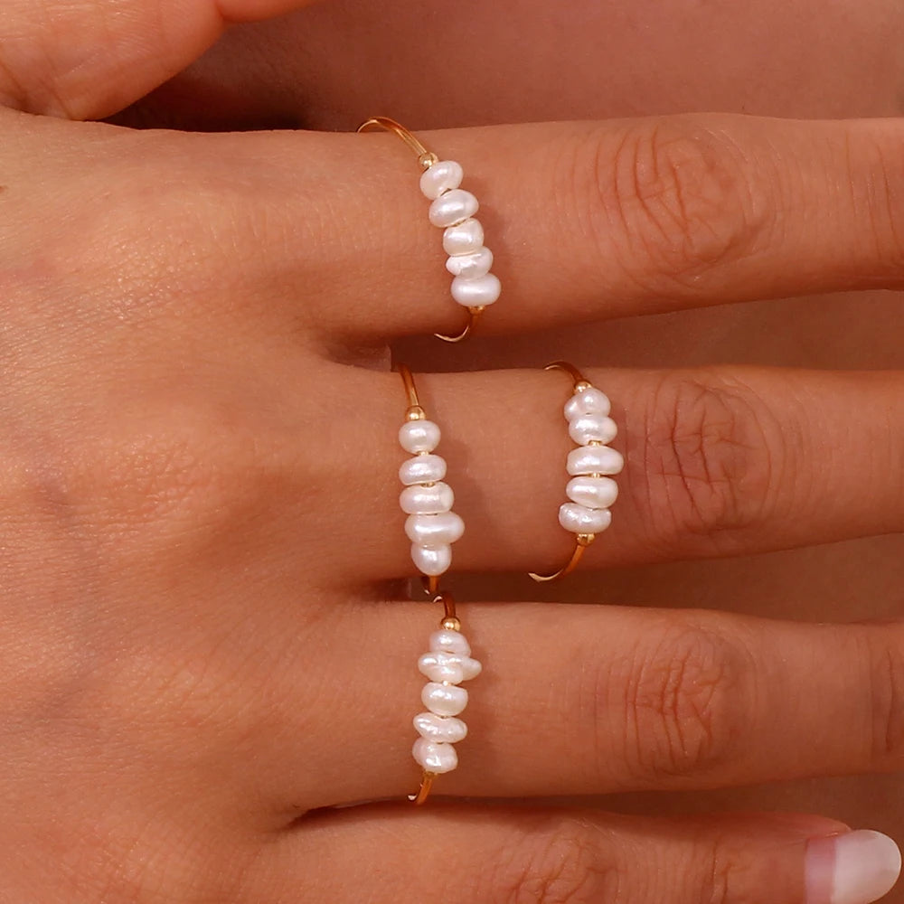 La. Muses Elegant Small Freshwater Pearl Stainless Steel Finger Rings Women Fashion Daily Waterproof Jewelry And Accessories
